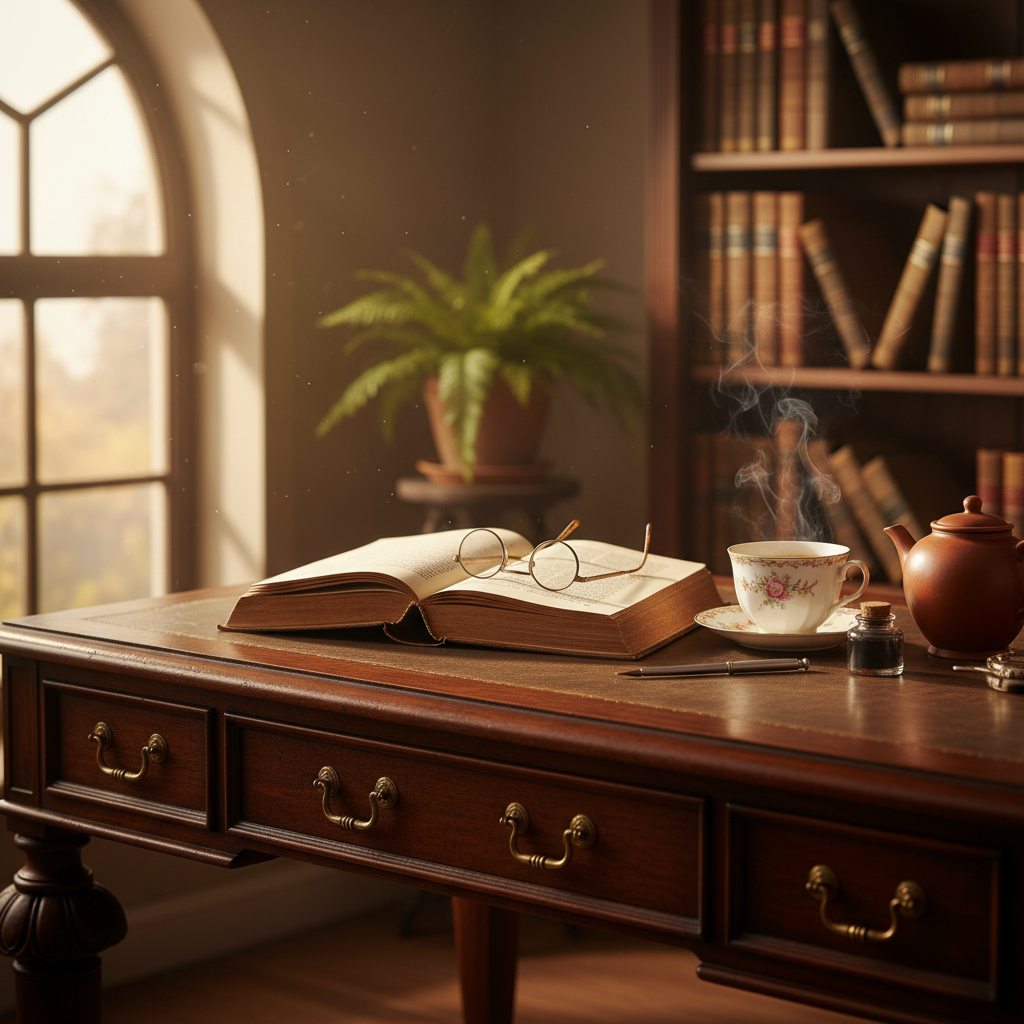 A high-quality, cinematic shot of an antique wooden desk with an open leather-bound book, vintage spectacles resting on the pages, a steaming cup of herbal tea, and warm golden hour sunlight streaming through a nearby window, creating a serene and intellectual atmosphere.
