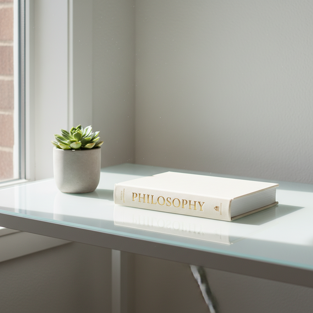 A minimalist and modern aesthetic scene featuring a white desk, a single book titled 'Philosophy' in elegant typography, a small green succulent plant, and soft natural daylight, focusing on clarity and deep thought.