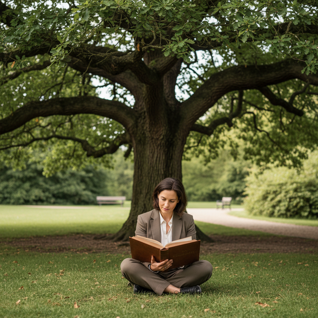 A peaceful outdoor scene of a person sitting under a large, ancient oak tree in a quiet park, deeply engrossed in reading a thick philosophical volume, with dappled sunlight filtering through the leaves and a blurred green background.