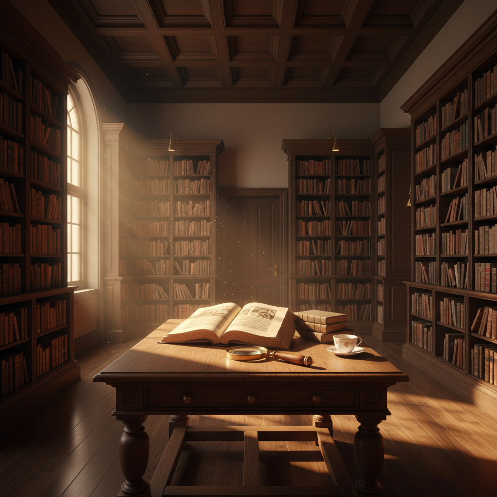 An atmospheric interior of a classic library with floor-to-ceiling mahogany bookshelves, a magnifying glass resting on an open manuscript on a wooden table, and subtle dust motes dancing in a single beam of light, evoking a sense of timeless wisdom.