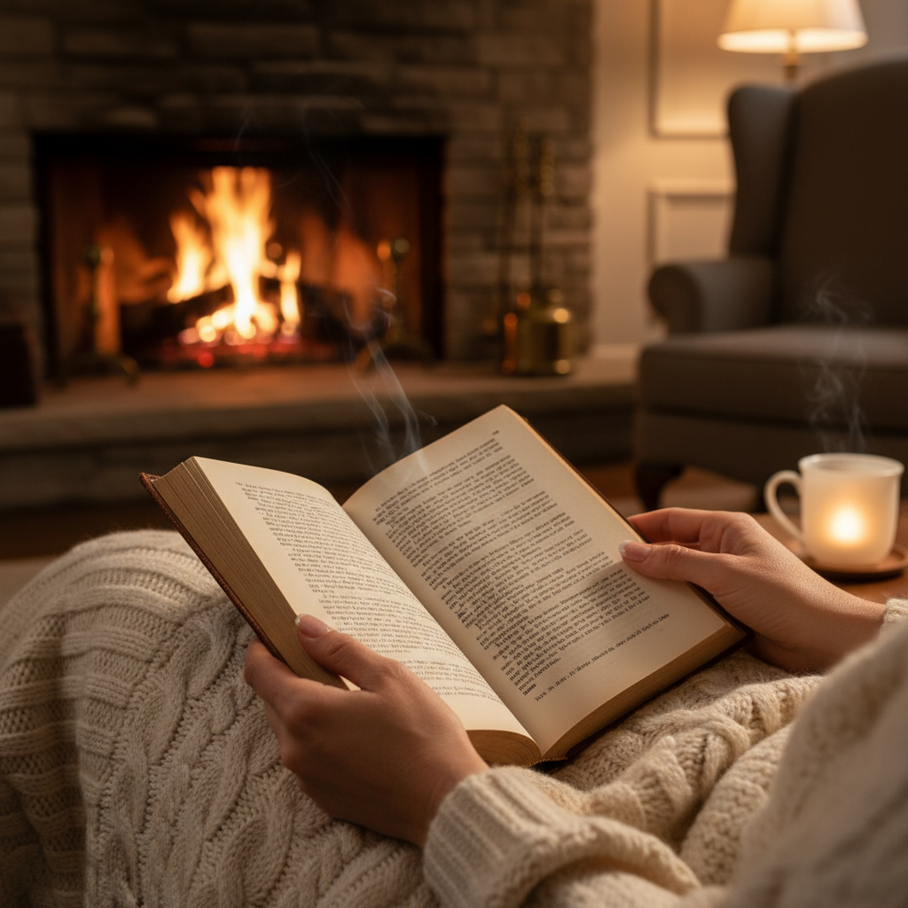 A cozy night-time setting featuring a person's hands holding an open book near a glowing fireplace, with a soft wool blanket and a dimly lit room, focusing on the texture of the paper and the warmth of the environment.