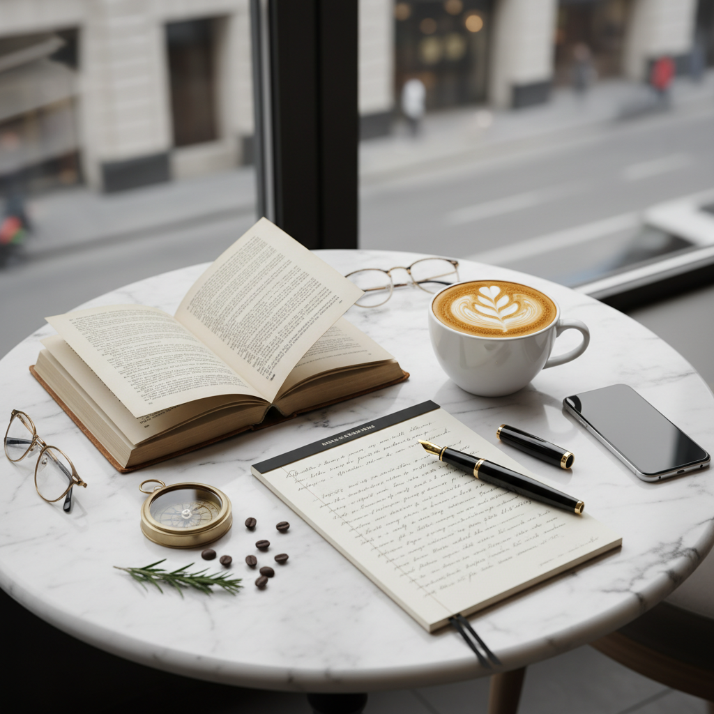 A high-angle flat lay of a marble cafe table with an open book, a cup of latte with intricate foam art, a classic fountain pen, and a notebook filled with handwritten philosophical reflections, representing urban intellectual life.
