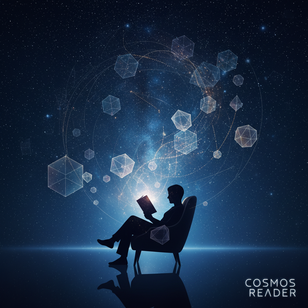 A conceptual image of a silhouette of a person reading a book against a backdrop of a starry night sky and faint glowing geometric shapes representing logic and the universe, blending reality with abstract thought.