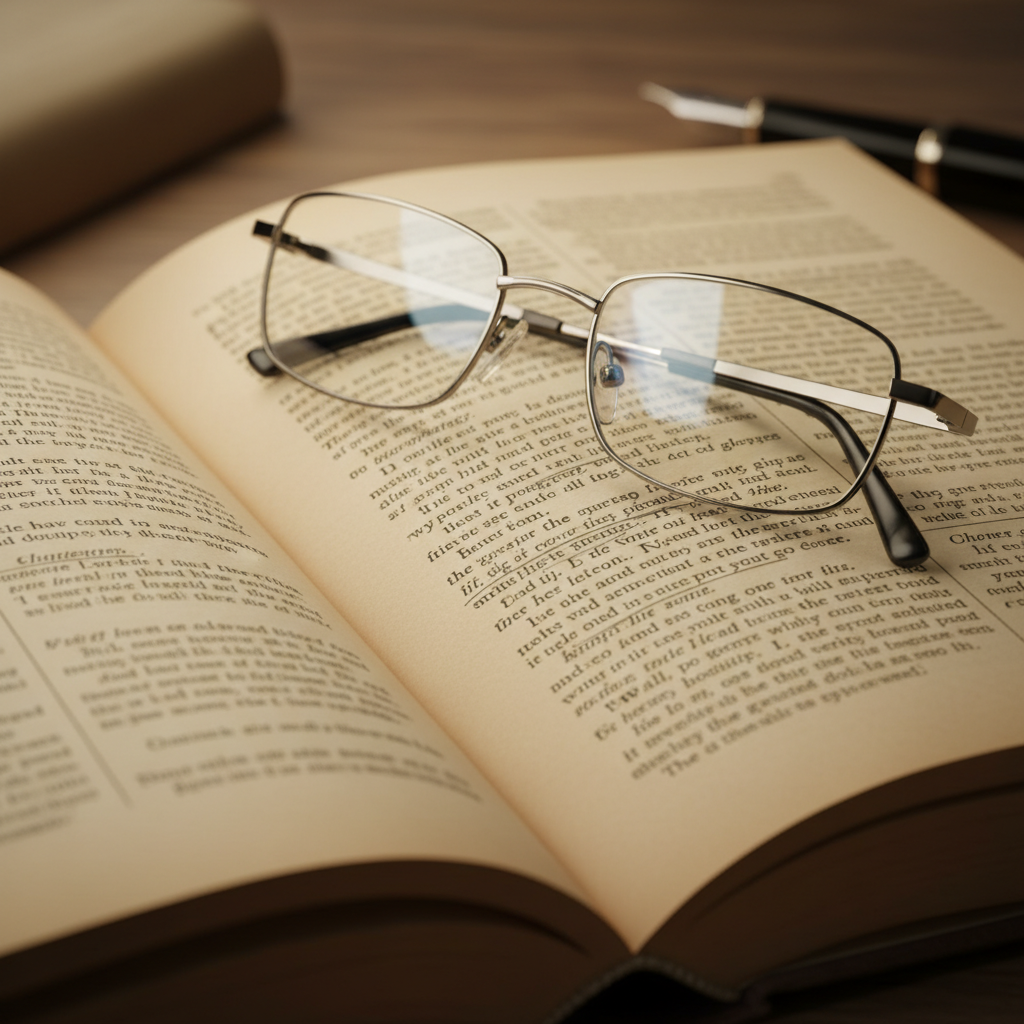 A macro close-up of yellowed book pages with elegant serif text and pencil-underlined passages, a pair of modern thin-frame glasses reflecting the light, and a shallow depth of field that emphasizes the tactile nature of reading.